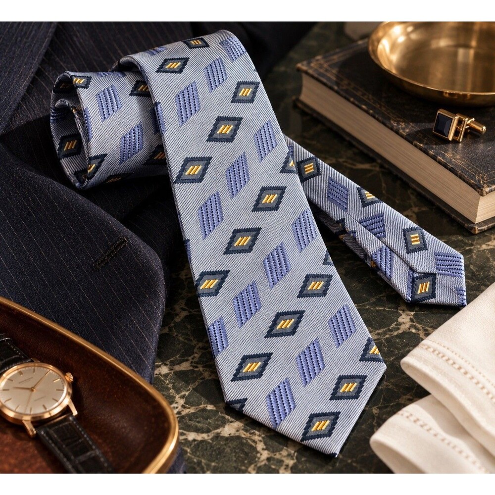 Ermenegildo Zegna Silk Tie Blue Gray Geometric Jacquard Made Italy 58”